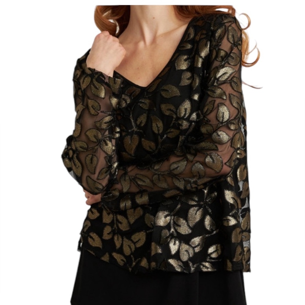 Joseph Ribkoff Black/Gold Burnout Leaf Pattern Long Sleeve Tunic 12